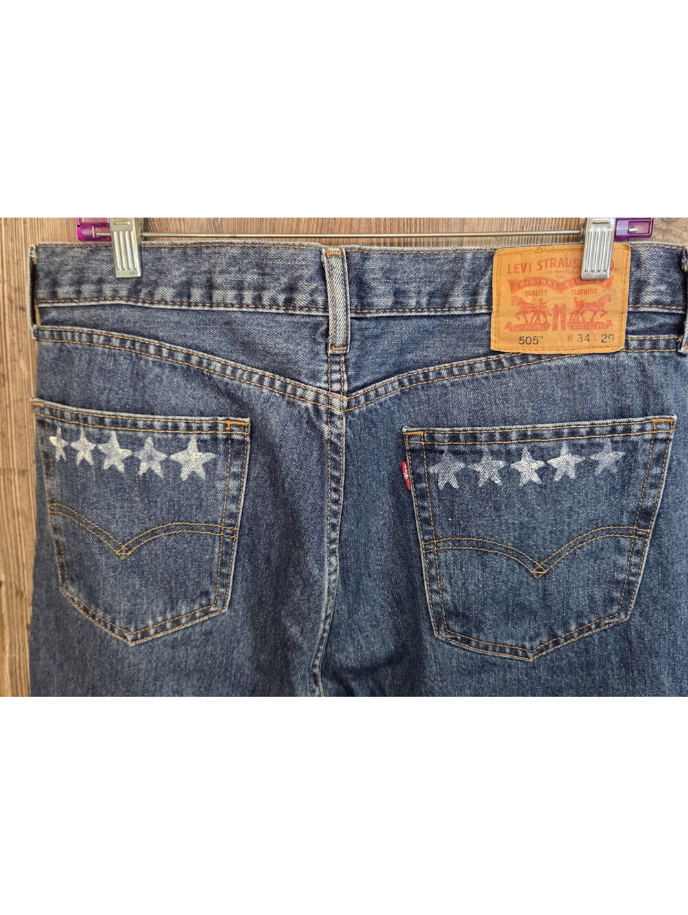 Levi's Denim Blue Jeans 505 Size 34x29 Regular Fit Distress Custom Stars Paint - Picture 3 of 7